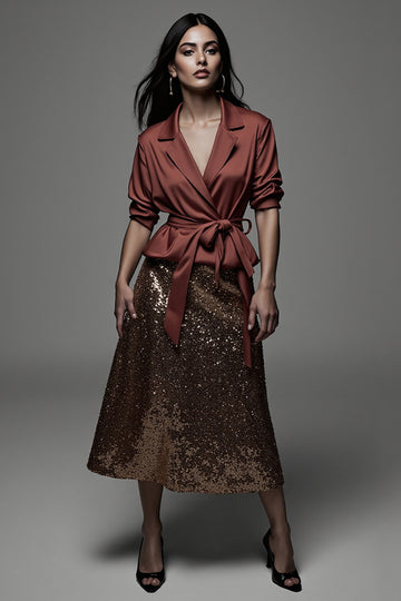 2-Piece Red Notched Lapel Work Dress with Sequins